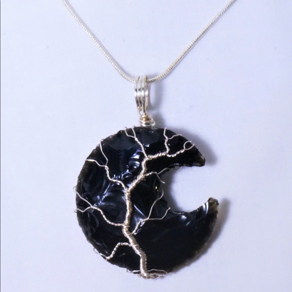 Tree Of Life Obsidian Crescent Moon Pendant